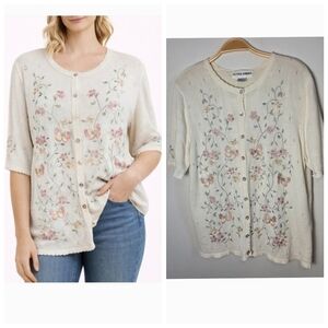 Vintage Alfred Dunner Cotton Blend Cardigan with Floral Embroidery